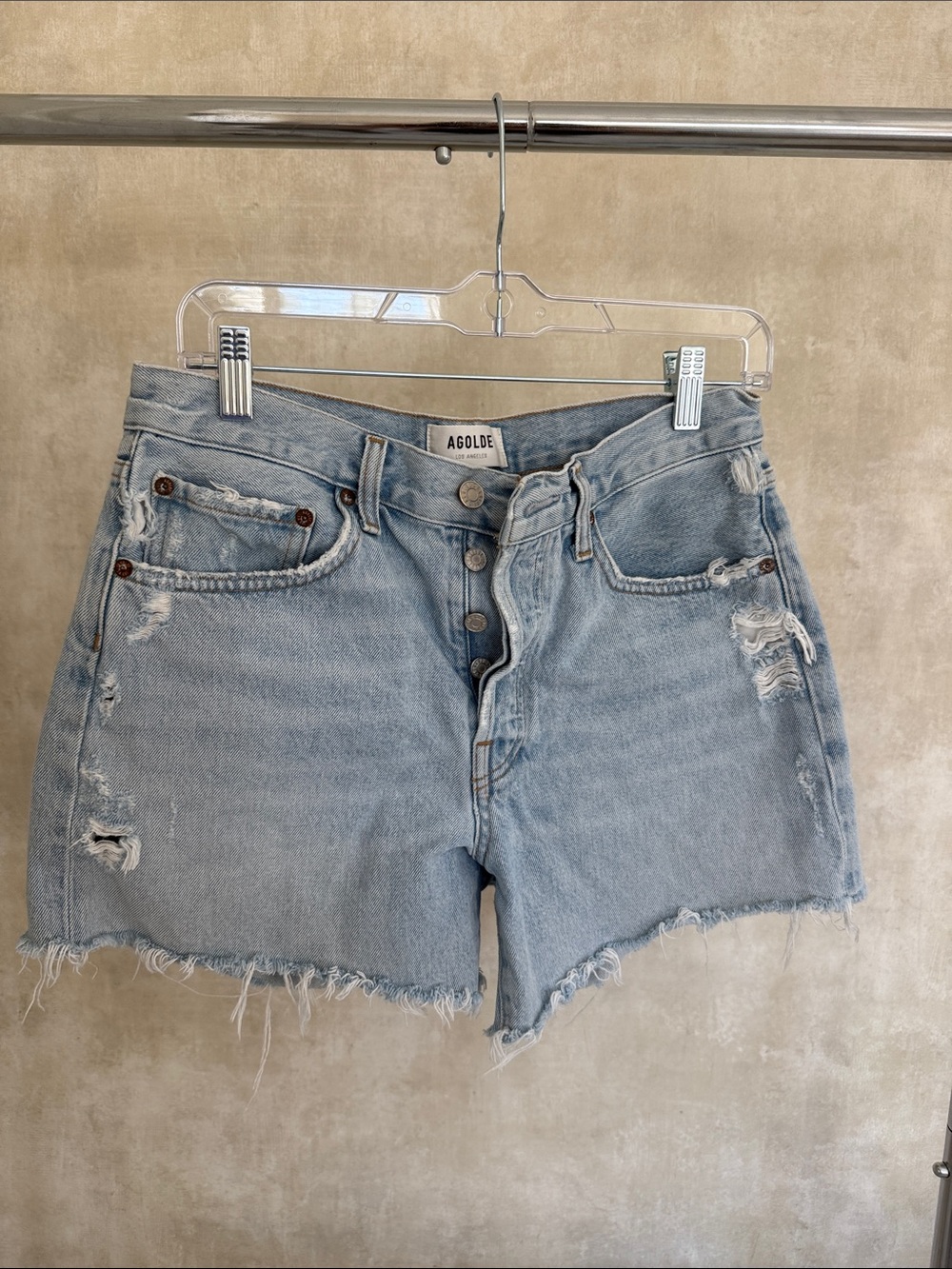 AGOLDE Light Blue Distressed High-Rise Denim Shorts